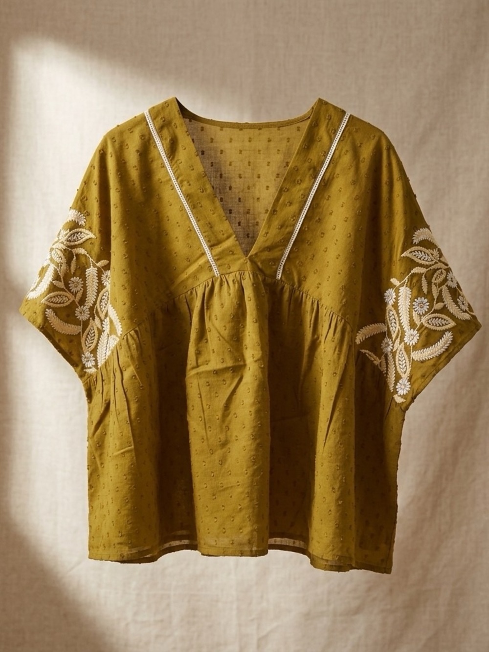 Cost Plus World Market Olive Green Embroidered V-Neck Flowy Oversized Top.
